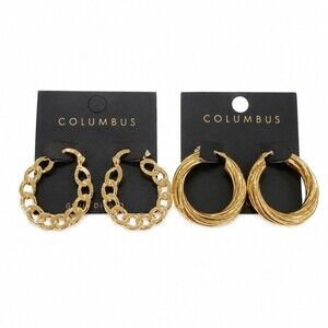 2 pairs Columbus gold dipped brass Hoop Earrings lot Gold Chain Link Ring